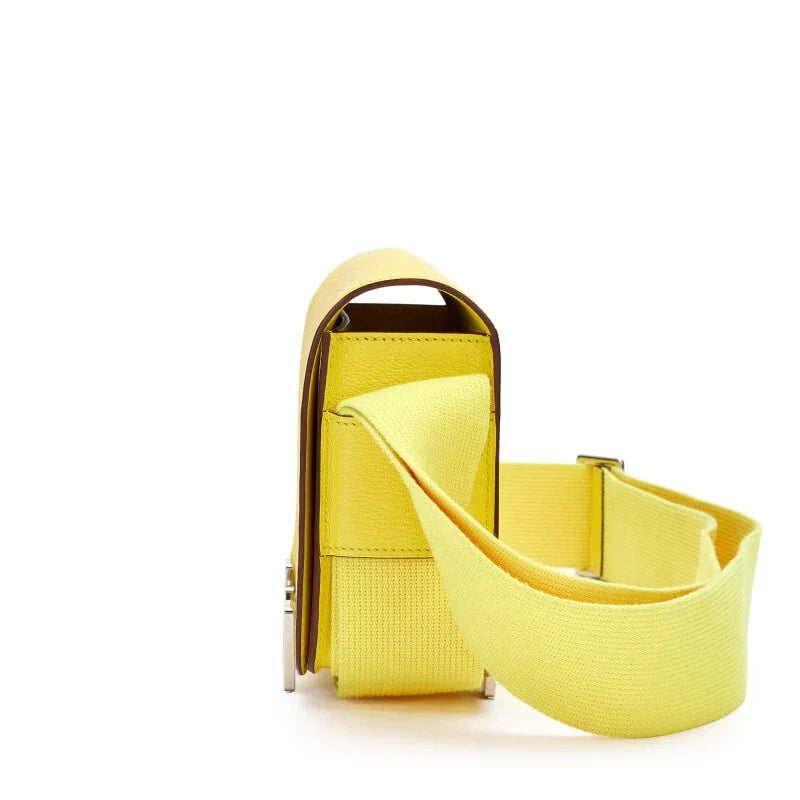 Lemon Yellow Symmetrical Rectangular Flap Shoulder Bag With Wide Woven Fabric Strap And Bar-Shape Metallic Front Fastener