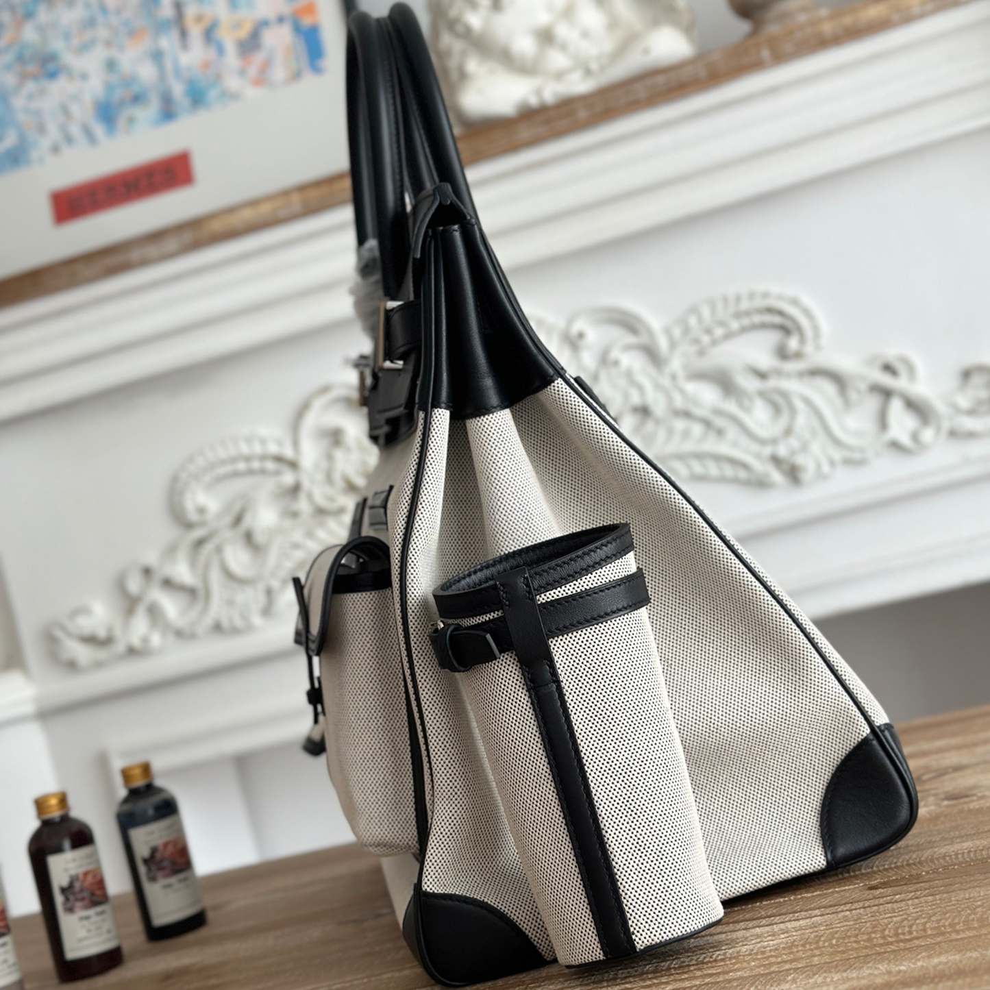 Two-Tone Ecru Woven Fabric Large Travel Tote With Black Smooth Trim, Multi Compartment Front Pockets And Detachable Side Cup Holders