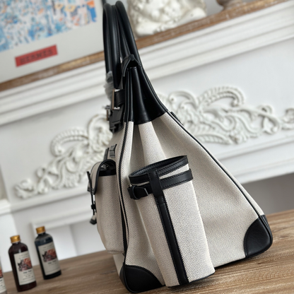 Two-Tone Ecru Woven Fabric Large Travel Tote With Black Smooth Trim, Multi Compartment Front Pockets And Detachable Side Cup Holders