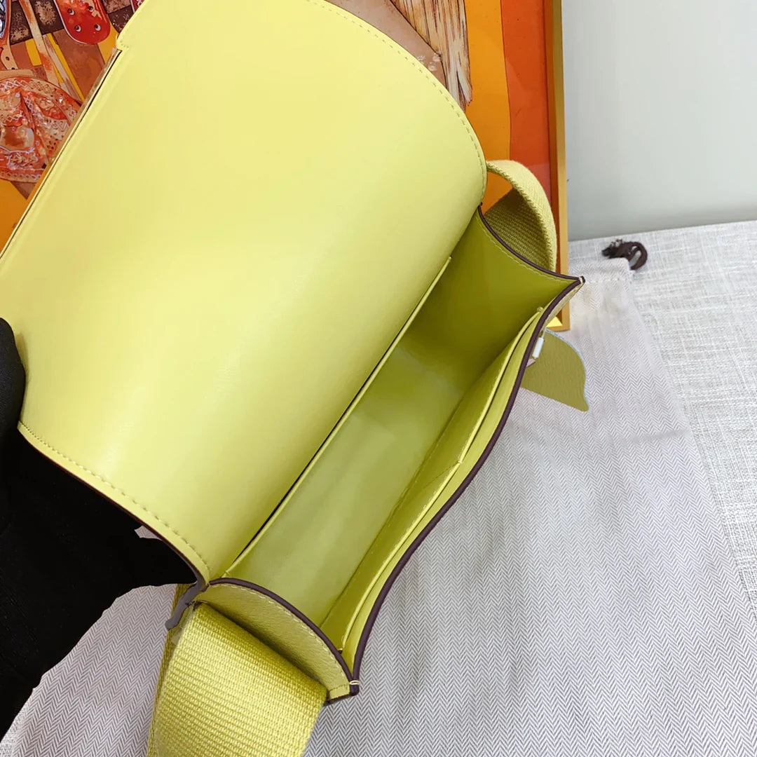 Lemon Yellow Symmetrical Rectangular Flap Shoulder Bag With Wide Woven Fabric Strap And Bar-Shape Metallic Front Fastener