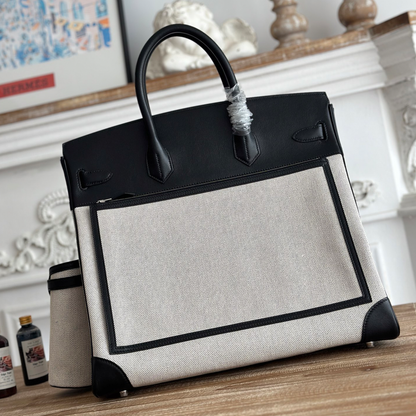 Two-Tone Ecru Woven Fabric Large Travel Tote With Black Smooth Trim, Multi Compartment Front Pockets And Detachable Side Cup Holders