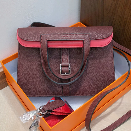 Dual-Tone Burgundy Red Trapezoidal Flap Bag With Integrated Loop Handle, Metallic Buckle Fastener And Slim Matching Shoulder Strap
