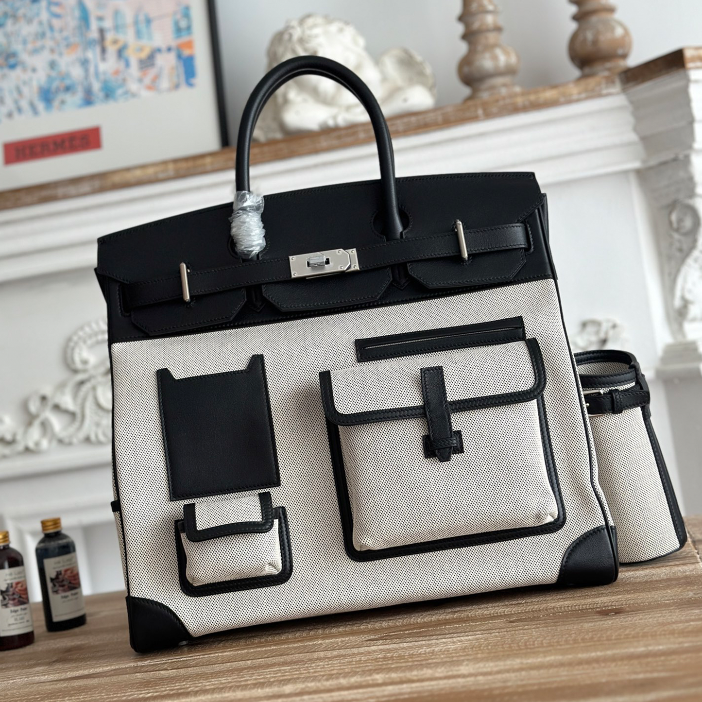 Two-Tone Ecru Woven Fabric Large Travel Tote With Black Smooth Trim, Multi Compartment Front Pockets And Detachable Side Cup Holders