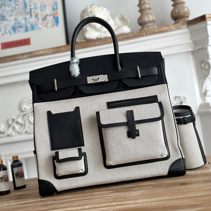 Two-Tone Ecru Woven Fabric Large Travel Tote With Black Smooth Trim, Multi Compartment Front Pockets And Detachable Side Cup Holders