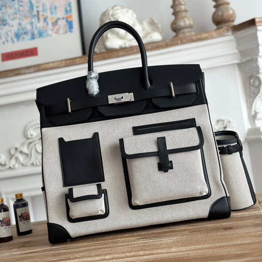 Two-Tone Ecru Woven Fabric Large Travel Tote With Black Smooth Trim, Multi Compartment Front Pockets And Detachable Side Cup Holders